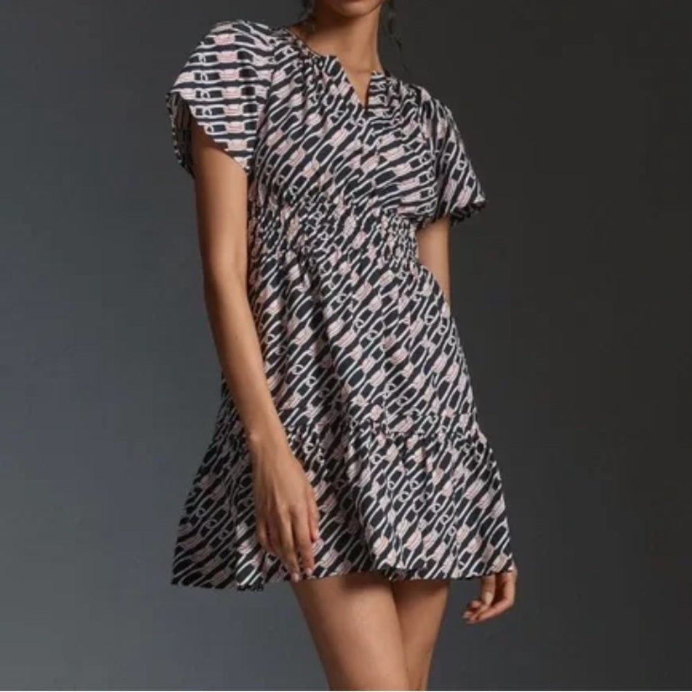 Anthropologie Somerset Cotton Navy preppy Link Pattern mini dress size medium